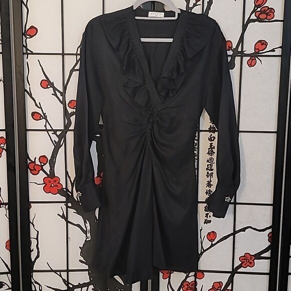 SANDRO Wrap-effect Gathered Slub Twill Mini Dress Size 36 - Picture 2 of 13